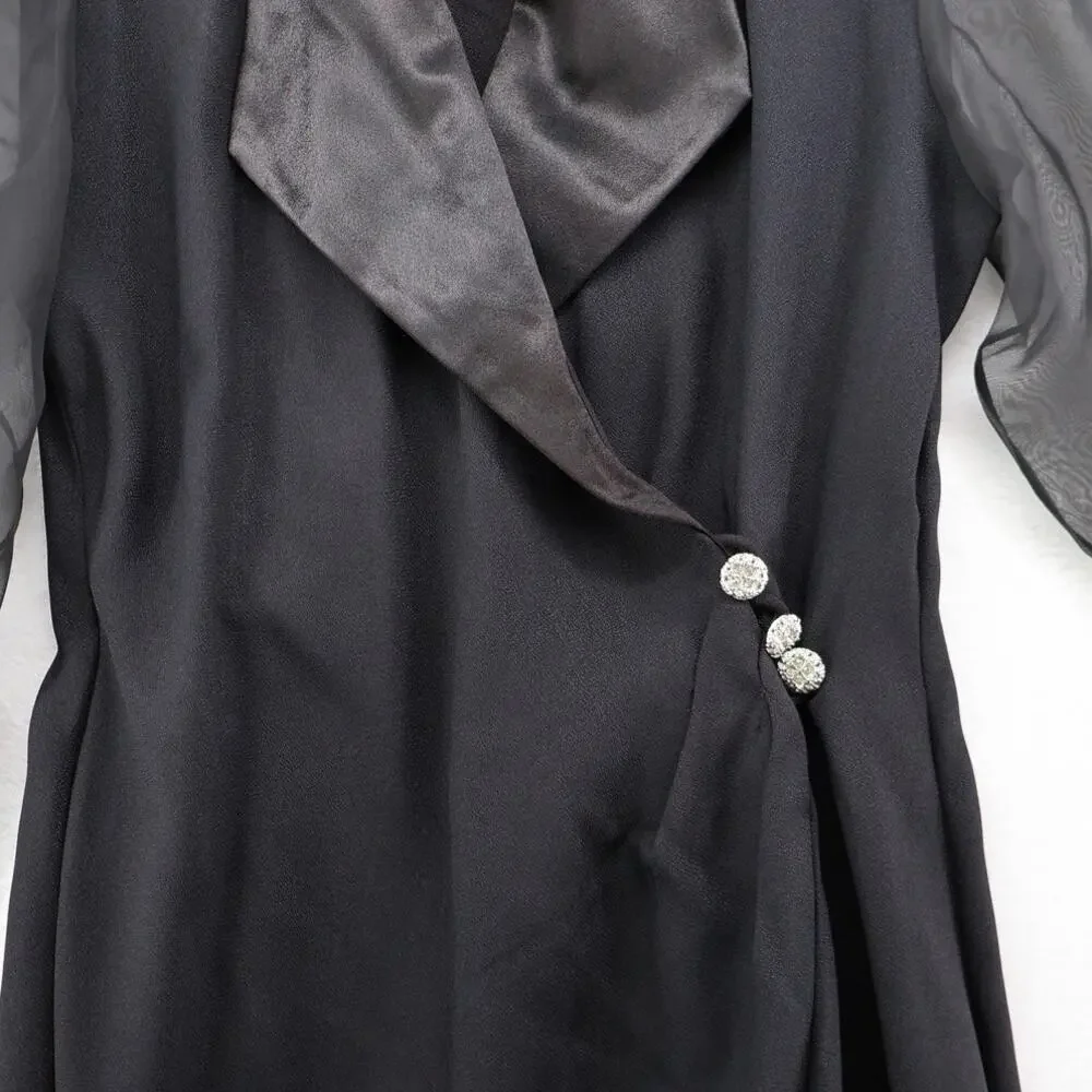 VTG J.R. Nites Wrap Dress USA Black Satin Sheer Sleeve Formal 80s 90s